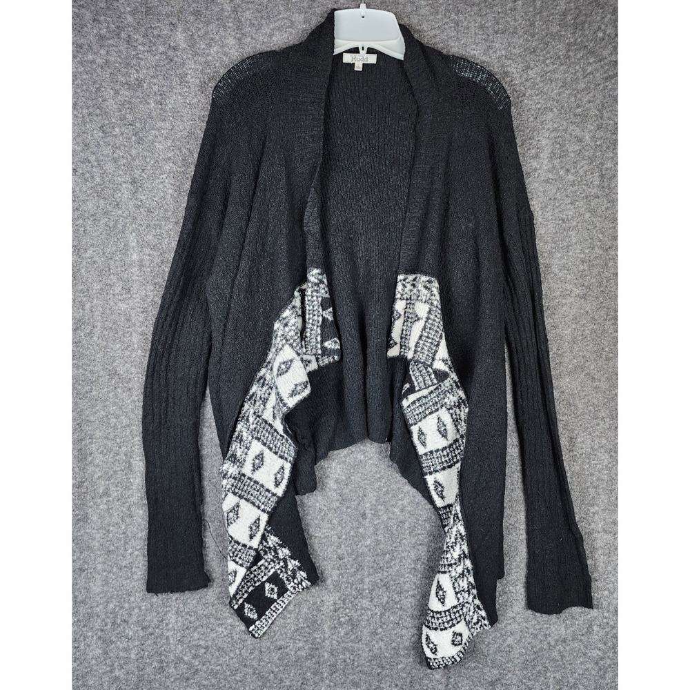 Mudd Cardigan Womens L Open Front Black Metallic Geometric Draped EUC